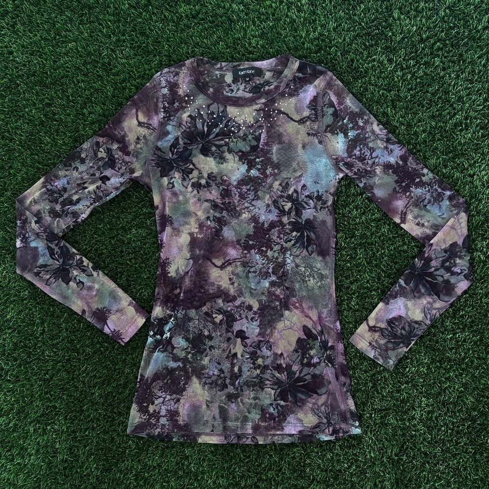 Karen Kane Whimsigoth Dark Floral Mesh Long Sleeve Rhinestone Fairy Top Size M